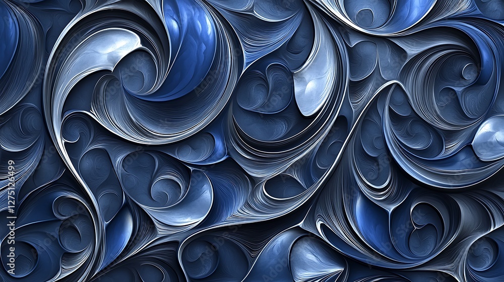 Poster a mesmerizing abstract pattern showcasing swirling shapes and deep blue hues, perfect for background