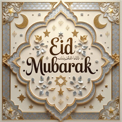 Eid Mubarak digital greeting with ornate Islamic design. Perfect for festive celebrations.