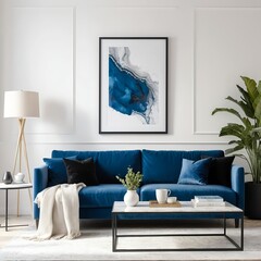 Modern Blue Velvet Sofa in Stylish Living Room Interior
