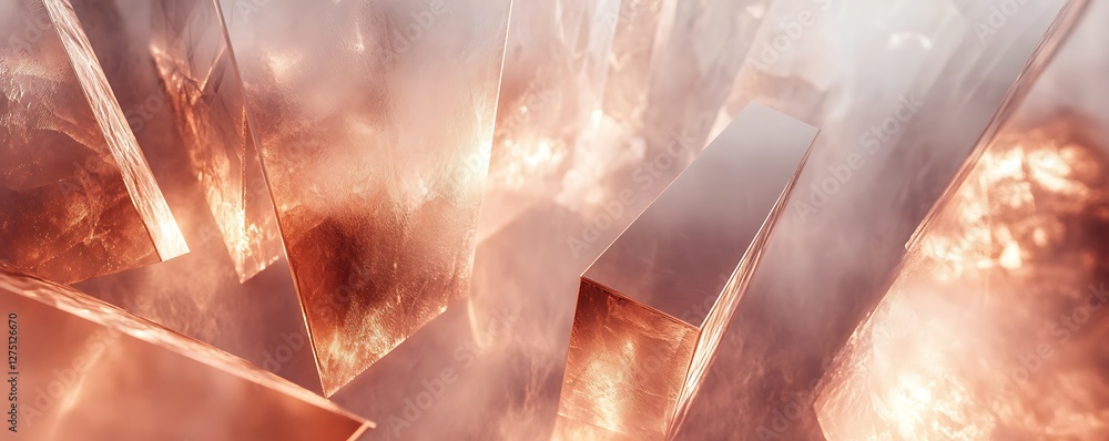 Poster a mesmerizing abstract portrayal featuring angular shapes illuminated by a warm glow. the interactio