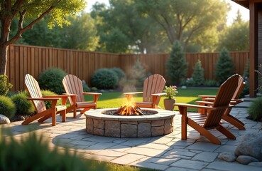 Cozy backyard patio with stone fire pit and Adirondack chairs. Fire burns in evening, creating warm ambience. Relaxing outdoor living space for enjoying time with friends.