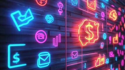 neon sign with glowing symbols of financial planning and budget allocation, illustrating an investment strategy for wealth and financial stability