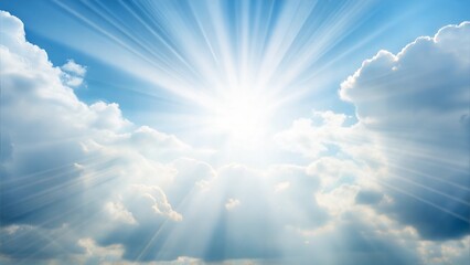Heavenly sky, bright sunburst, fluffy white clouds with sunshine Peaceful natural background