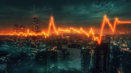 digital heart rate monitor flickers chaotically over a city, traders below scrambling as the economic pulse surges and falls.