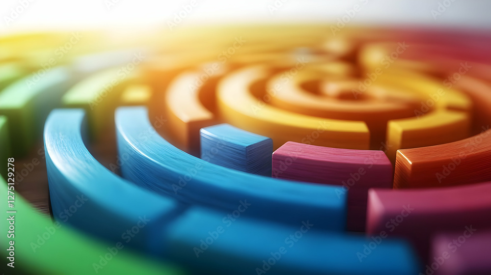 Poster a vibrant, colorful maze design with circular patterns, showcasing creativity and complexity in visu