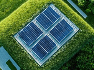 Rooftop solar panels on grassy green roof, urban landscape