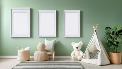 Minimalist Artwork Frames on Light Green Wall in Soft Light Empty Frame Mockup for Kids Nursery Clean, Modern, and Versatile Design Idea for Digital Art, Home Decor, or Inspiration.