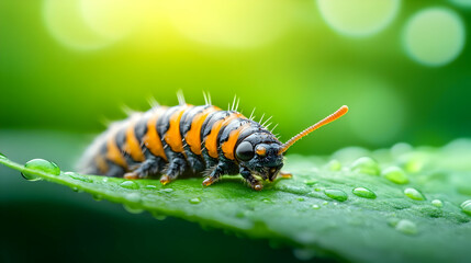 Fototapeta premium A vibrant, close-up view of a caterpillar resting on a leaf with droplets of water, showcasing nature's beauty and detail.