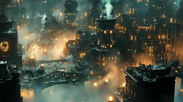 Dark steampunk city illuminated by glowing lights under a smoky sky at night, Dark Steampunk City with Glowing Lights in a Smoky Environment