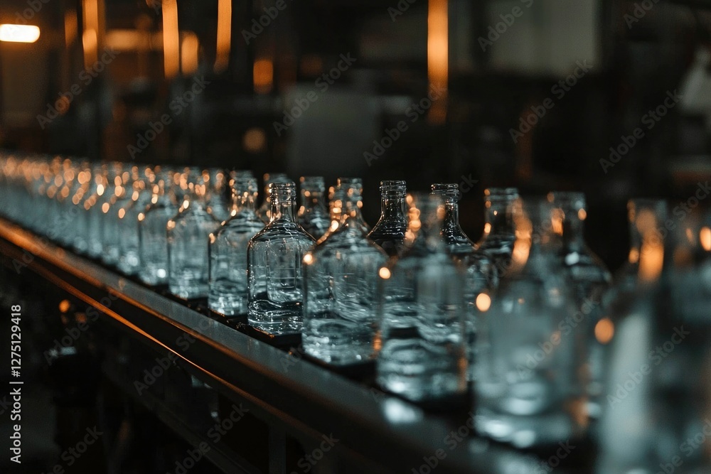 Poster bottles moving along production line in factory setting for liquid product storage