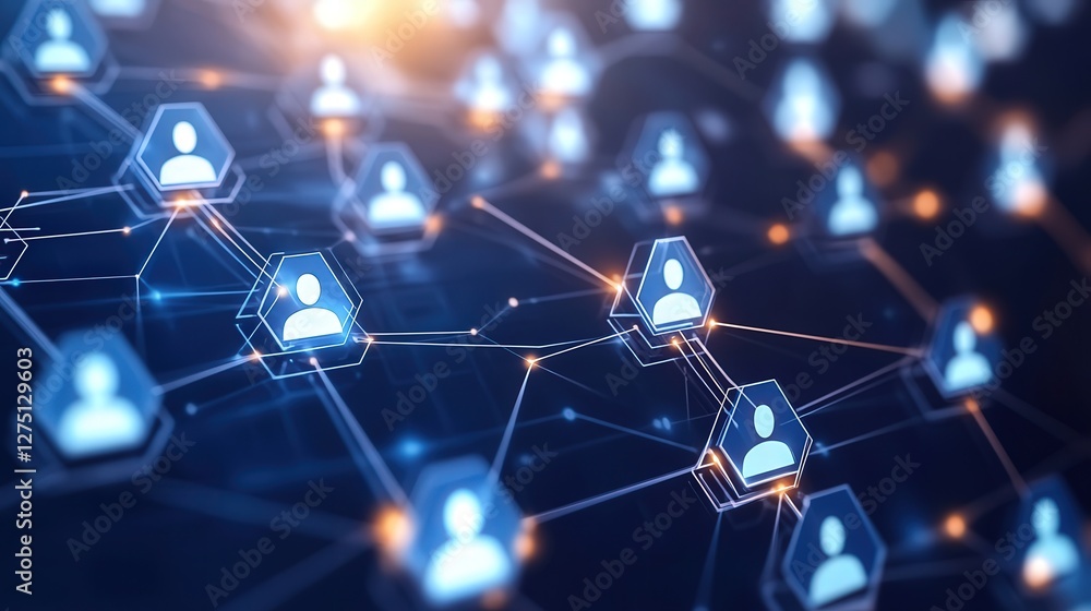 Poster digital hexagonal pattern with interlinked nodes, illustrating the power and reach of social media a