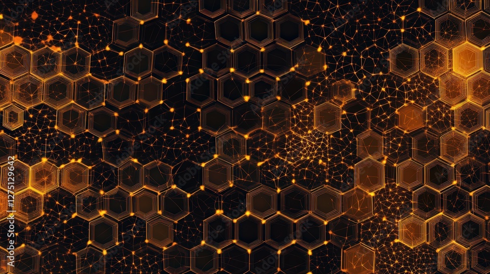 Poster digital hexagonal pattern with interlinked nodes, illustrating the power and reach of social media a