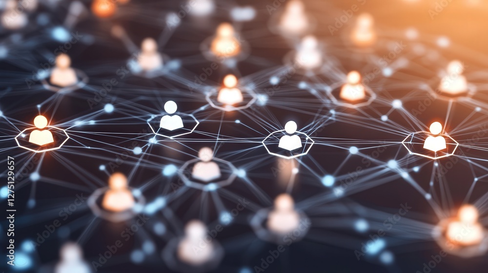 Poster digital hexagonal pattern with interlinked nodes, illustrating the power and reach of social media a