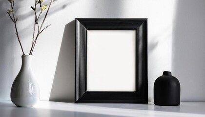 Striking Minimalist Black Frame Mockup on White Background with Subtle Shadow, Showcasing Versatility for Digital Art, Home Decor, and Design Inspiration.