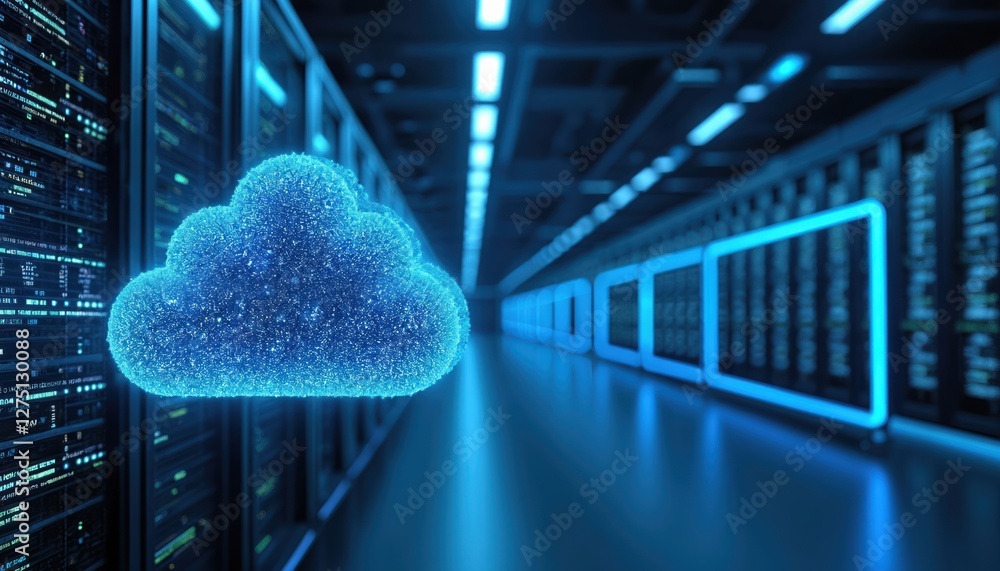 Poster Large modern server room interior in futuristic blue neon light with cloud data storage and data center. Digital cyberspace with racks, hardware and database, cyber innovation for IT company.