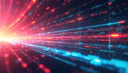 Fototapeta premium Digital glitch effect abstract background. Red, blue lights tech geometric pattern. Futuristic neon electronic artistic design. Computer screen distortion. Modern multimedia display chaos.