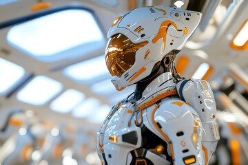 Fototapeta premium Futuristic astronaut looks out in spaceship interior, for exploration or technology