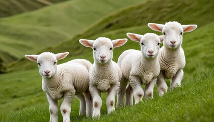 Obraz premium Three Cute Lambs in a Green Pasture