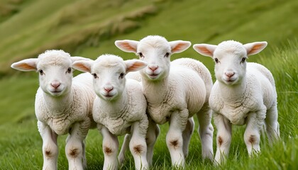 Obraz premium Four Adorable Lambs in a Green Pasture