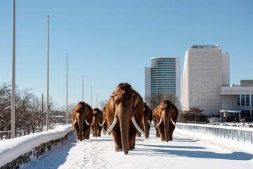 Woolly mammoths traverse snowy urban path by buildings, perhaps museum display