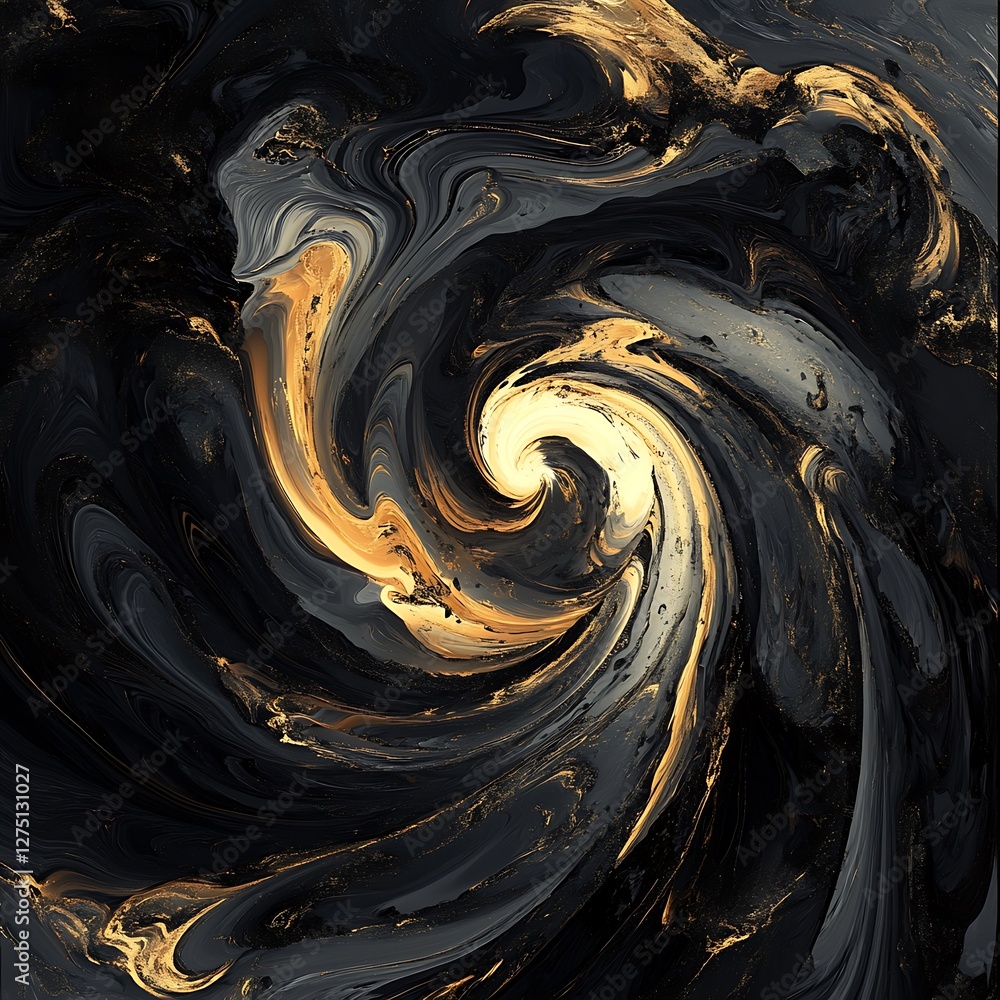 Poster a mesmerizing swirl of black and gold colors, creating an abstract design. this fluid artwork evokes