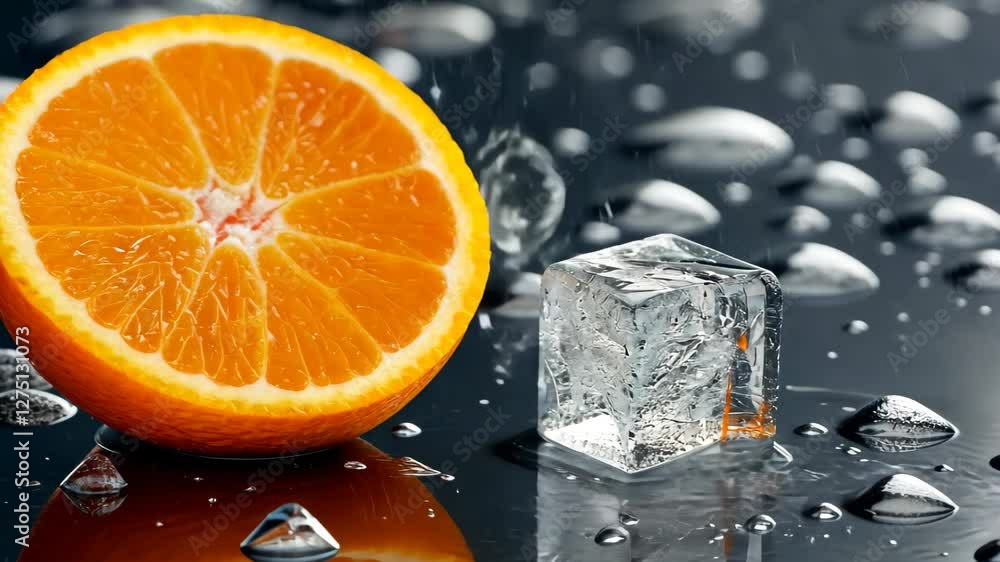 Poster fresh orange half with ice cube on shiny surface creates a refreshing summer vibe, half orange with 