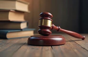 Obraz premium Judge gavel rests on wooden table near books pile. Symbolizes justice, law, order, legal proceedings. Perfect for illustrating legal themes, court decisions, jurisprudence, judiciary system.
