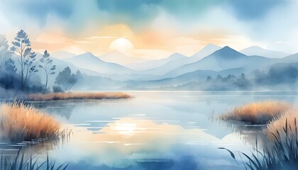 Serene Sunrise over Misty Lake and Mountains
