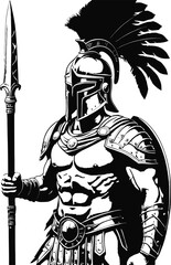 A highly detailed black and white vector illustration of a Spartan warrior from the waist up. The warrior wears an iconic Corinthian helmet with a tall plume, covering most of his face except for the 