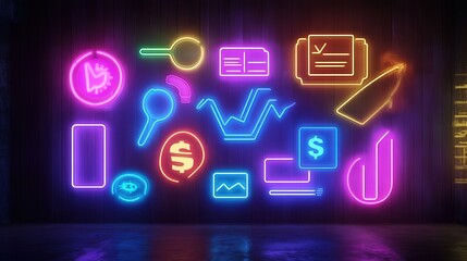 digital neon sign showing budget allocation and financial planning, with bright glowing charts and the strategic placement of investment symbols.