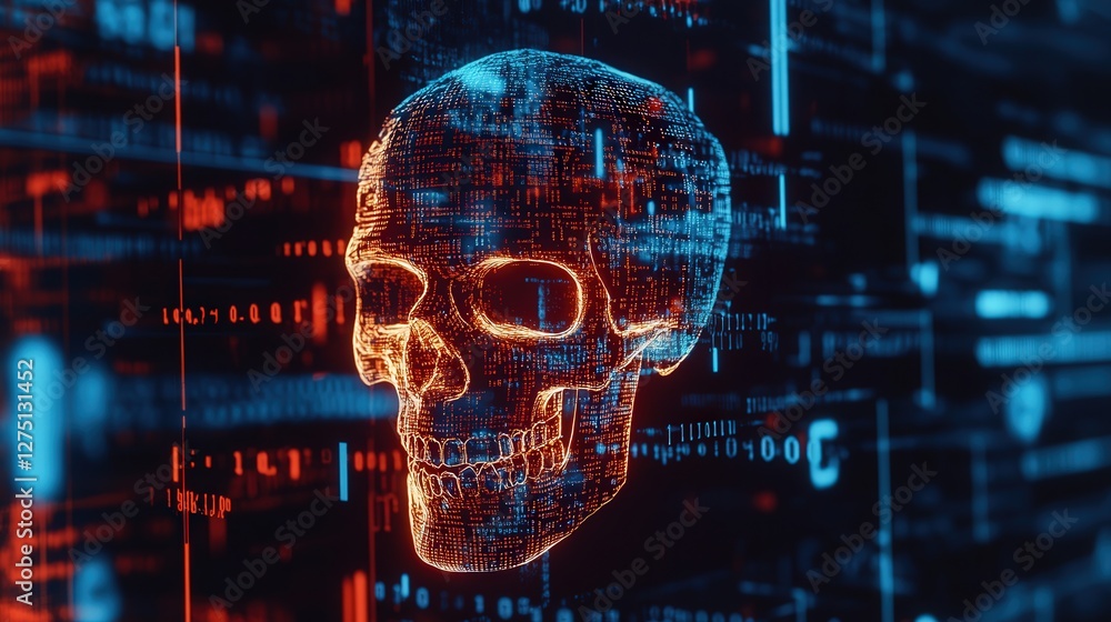 Poster computer screen, indicating a ransomware infection, with binary code and hacking symbols in the back