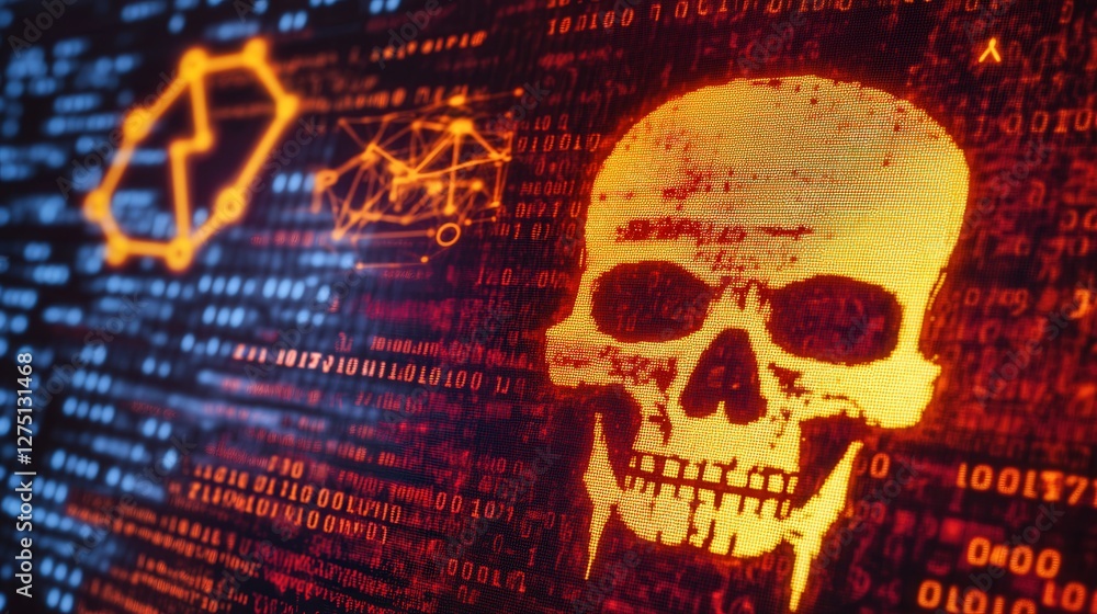 Poster computer screen, indicating a ransomware infection, with binary code and hacking symbols in the back