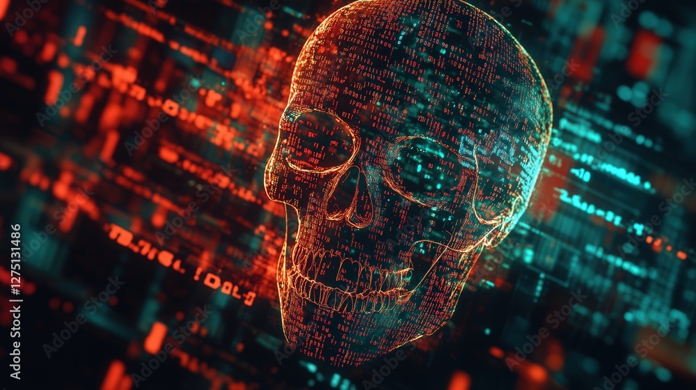Poster computer screen, indicating a ransomware infection, with binary code and hacking symbols in the back