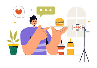 Food Blogger Vector Illustration featuring an Influencer Reviewing and Sharing Culinary Experiences on a Blog at a Restaurant in a Flat Background