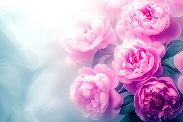 Fototapeta premium Beautiful bouquet of pink flowers with a blue background. The flowers are arranged in a way that they look like they are blooming. The blue background adds a sense of calmness