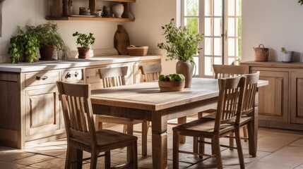 Obraz premium Sun-Drenched Rustic Kitchen with Wooden Table and Natural Accents