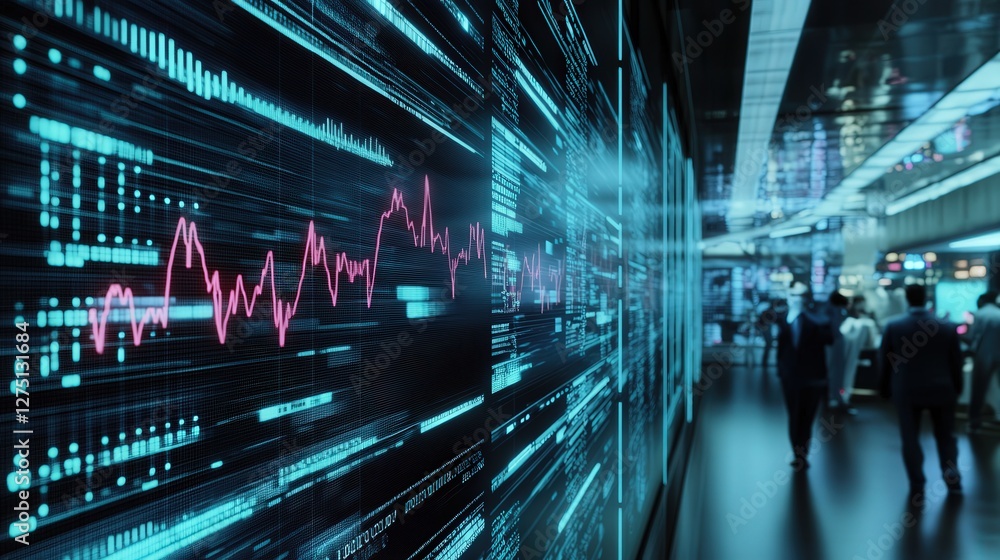 Poster digital trading hub where a floating heartbeat graph syncs perfectly with traders panicked expressio