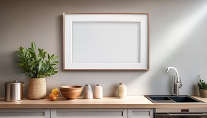 Minimalist Elegance Neutral Kitchen Interior Embracing an Empty Frame, Poised for a Perfect Product Showcase in Modern Spaces