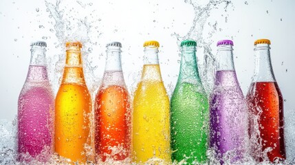 Colorful assortment of soda bottles splashing in water, showcasing vibrant drinks in action