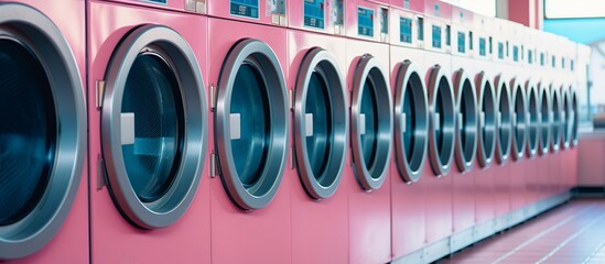Fototapeta premium Modern laundromat with vibrant pink walls and machines, showcasing a clean, inviting space