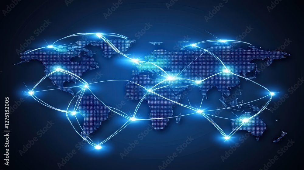 Poster digital world map with interconnected glowing nodes, representing global business expansion and netw