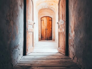 Fototapeta premium Light-filled corridor showcasing rustic wooden doors and charm.