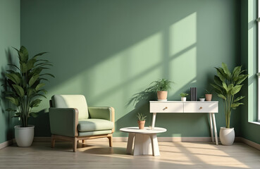 Modern cozy living room in monochrome sage green color. Contemporary interior design with trendy wall, table, house plants, chair. Generative AI art illustration, furniture lit by sunlight through