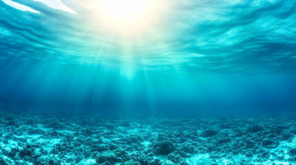 Fototapeta premium Breathtaking underwater scene with sunlight filtering through the surface, illuminating vibrant marine life and coral formations.