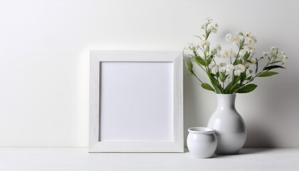 Minimalistic Interior Tranquil Scene Featuring a White Frame Mockup, Glass Vase, and Fresh Flowers Against a Pure White Background, Exuding Elegance and Simplicity with a Touch of Natures Beauty.