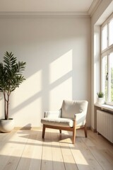Fototapeta premium Serene Minimalist Interior Design Featuring a Comfortable Armchair in a Sunlit Room with a Potted Plant