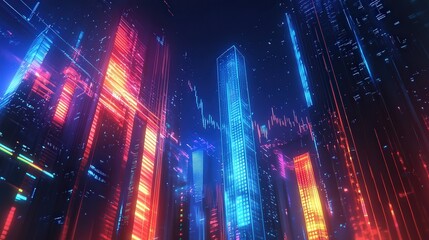 Fototapeta premium digital neon lights forming business trends and rising charts in the sky, showcasing economic expansion.