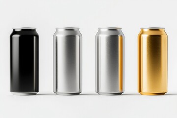 Various cans, metal colored beverage containers arranged for mockup use on white