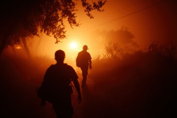 Fototapeta premium Firefighters walking to work in heavy smoke, in the aftermath of a fire