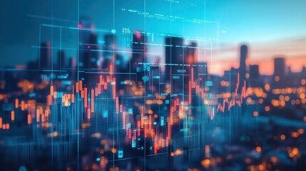 digital neon lights forming business trends and rising charts in the sky, showcasing economic expansion.